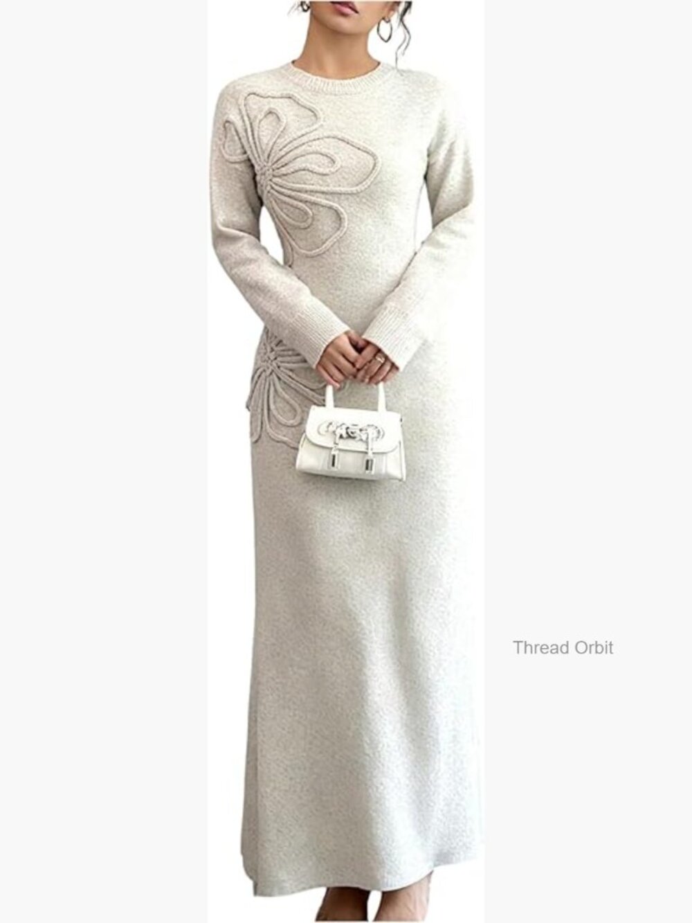 3D Floral Sweater Dress Long Sleeve Crew Neck Knit Fall Winter Maxi Dress - Picture 1 of 5